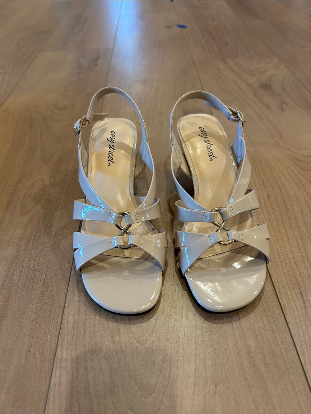 easy street Nude Patent Slingback Heels with Gold Ring Detail